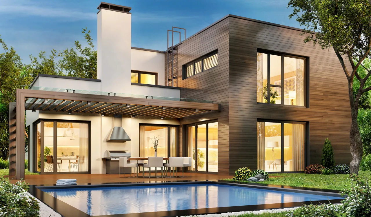 Modern two-story home with a swimming pool and covered terrace