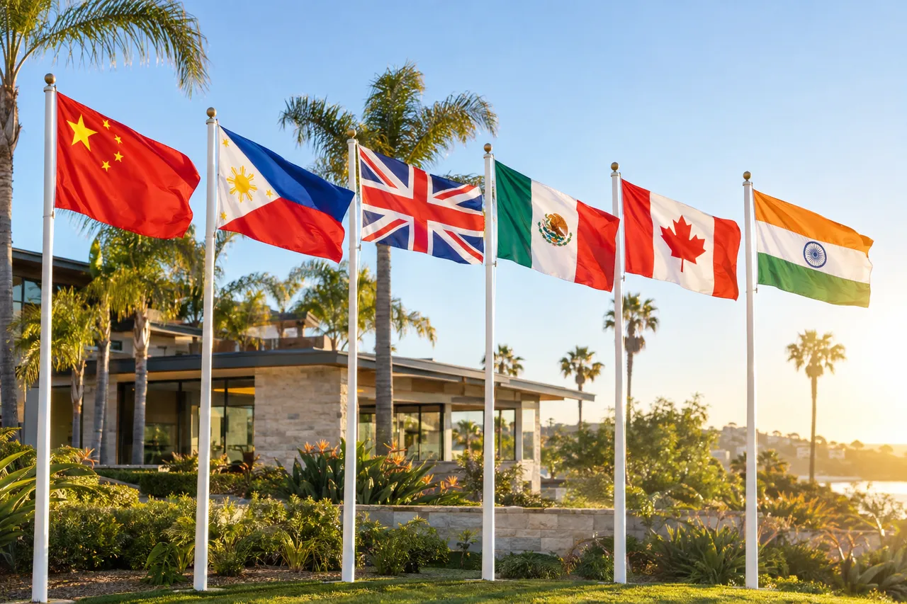 Flags of China, the Philippines, the United Kingdom, Mexico, Canada and India in front of a California home